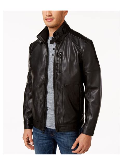 calvin klein men's faux-leather moto jacket with hoodie online price|Calvin Klein genuine leather jacket.